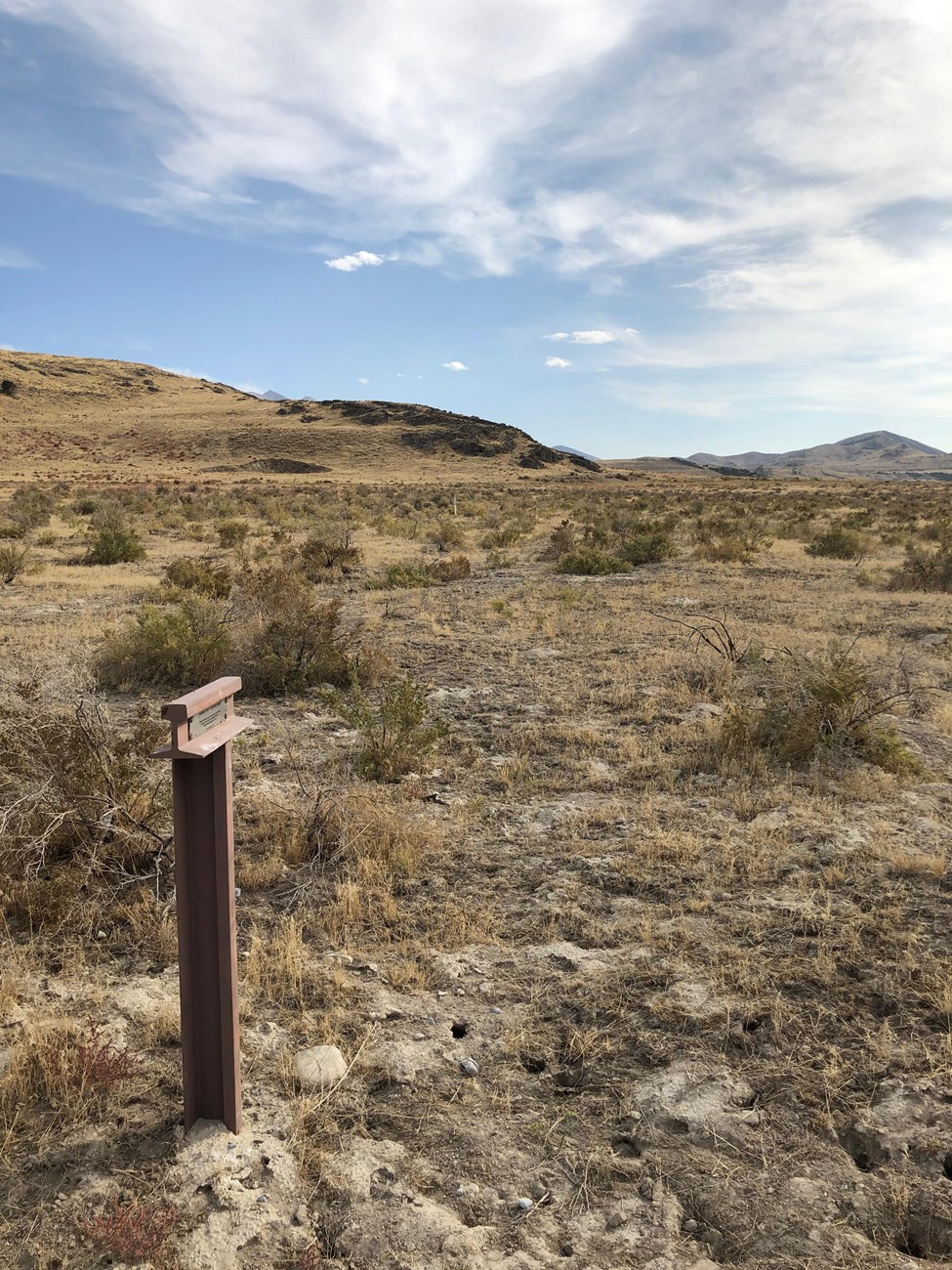 An iron trail marker stands next to a desert area with trail traces.