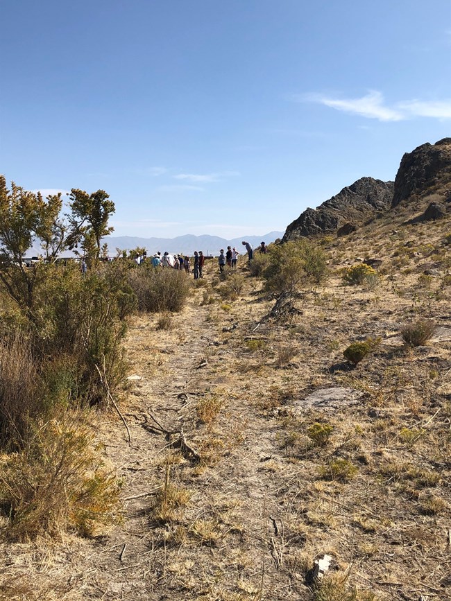 Trail ruts can be seen in the dirt, leading through a desert setting.