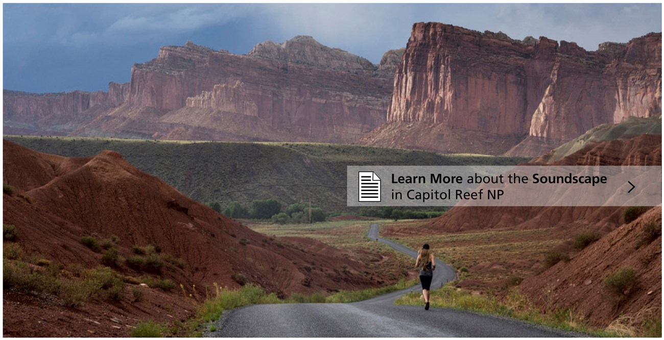 Click here to learn more! A landscape scene at Capitol Reef with a woman running down a deserted road.