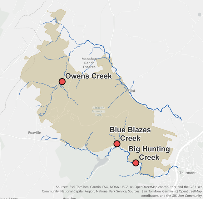 Map showing location of biological stream survey sites and rivers and streams at Catoctin Mountain Park.