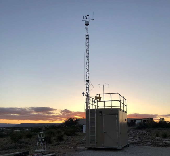 Air monitoring shelter at sunset at Carlsbad Caverns National Park.