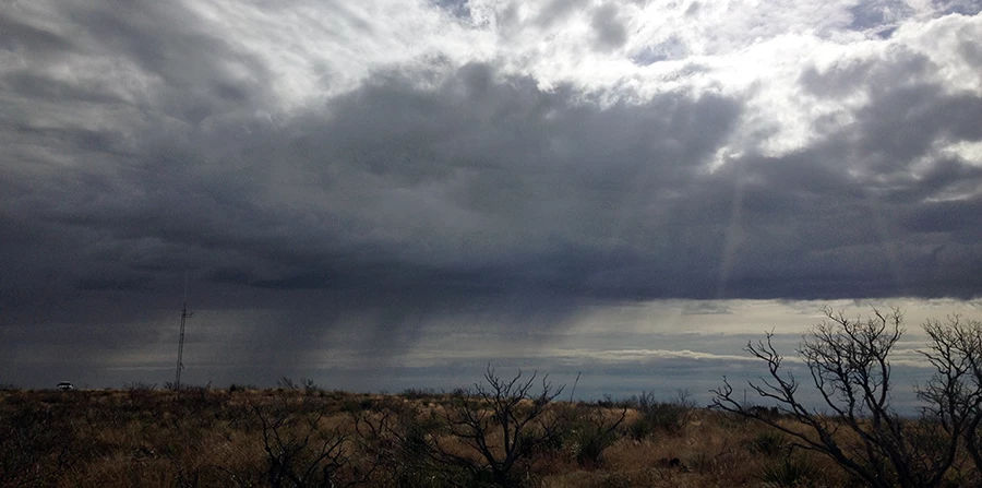 Storms at Carlsbad Caverns National Park Rain falling from dark clouds over a grassy desert with scattered shrubs.