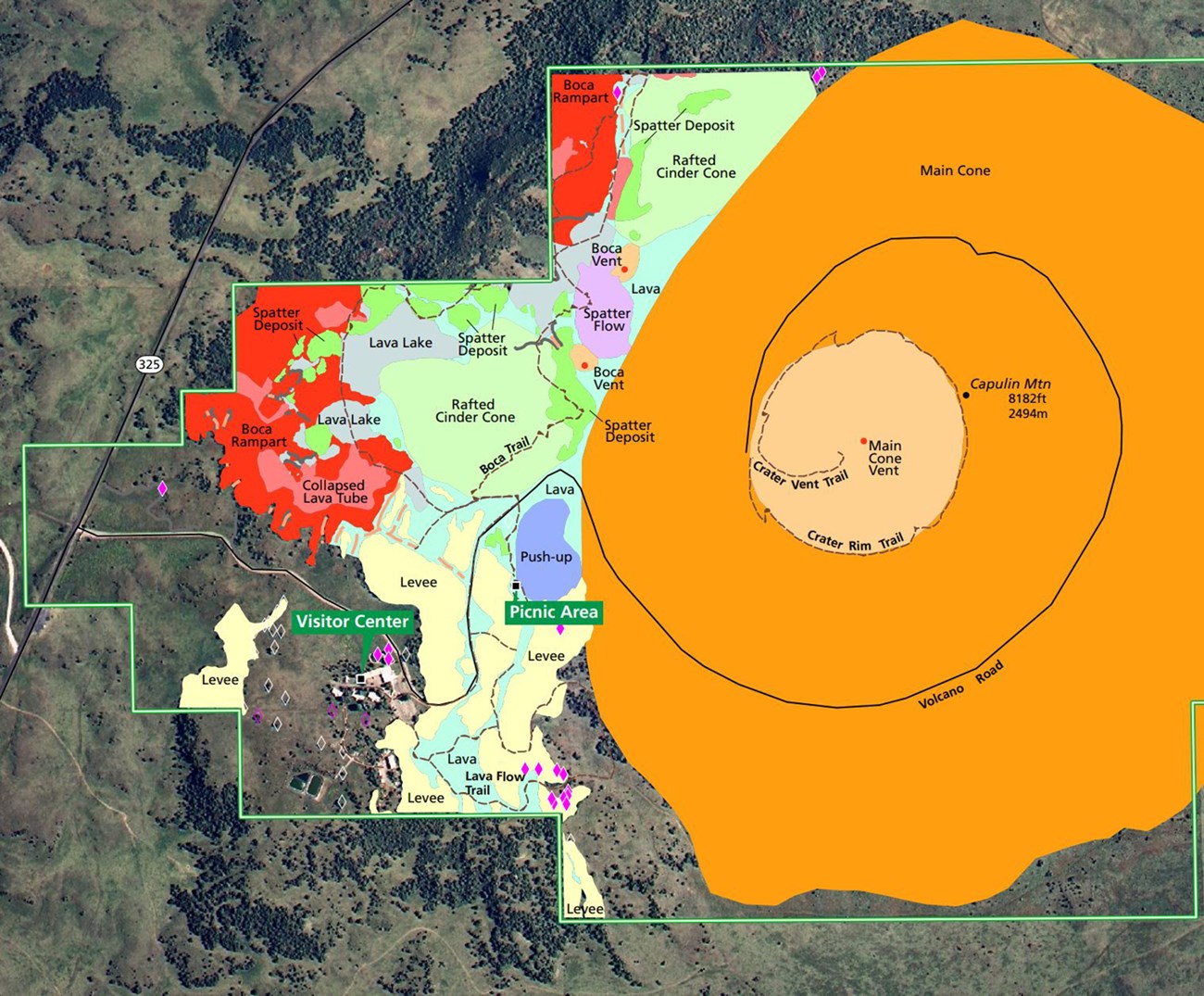 geologic map showing cinder cone and surrounding volcanic features