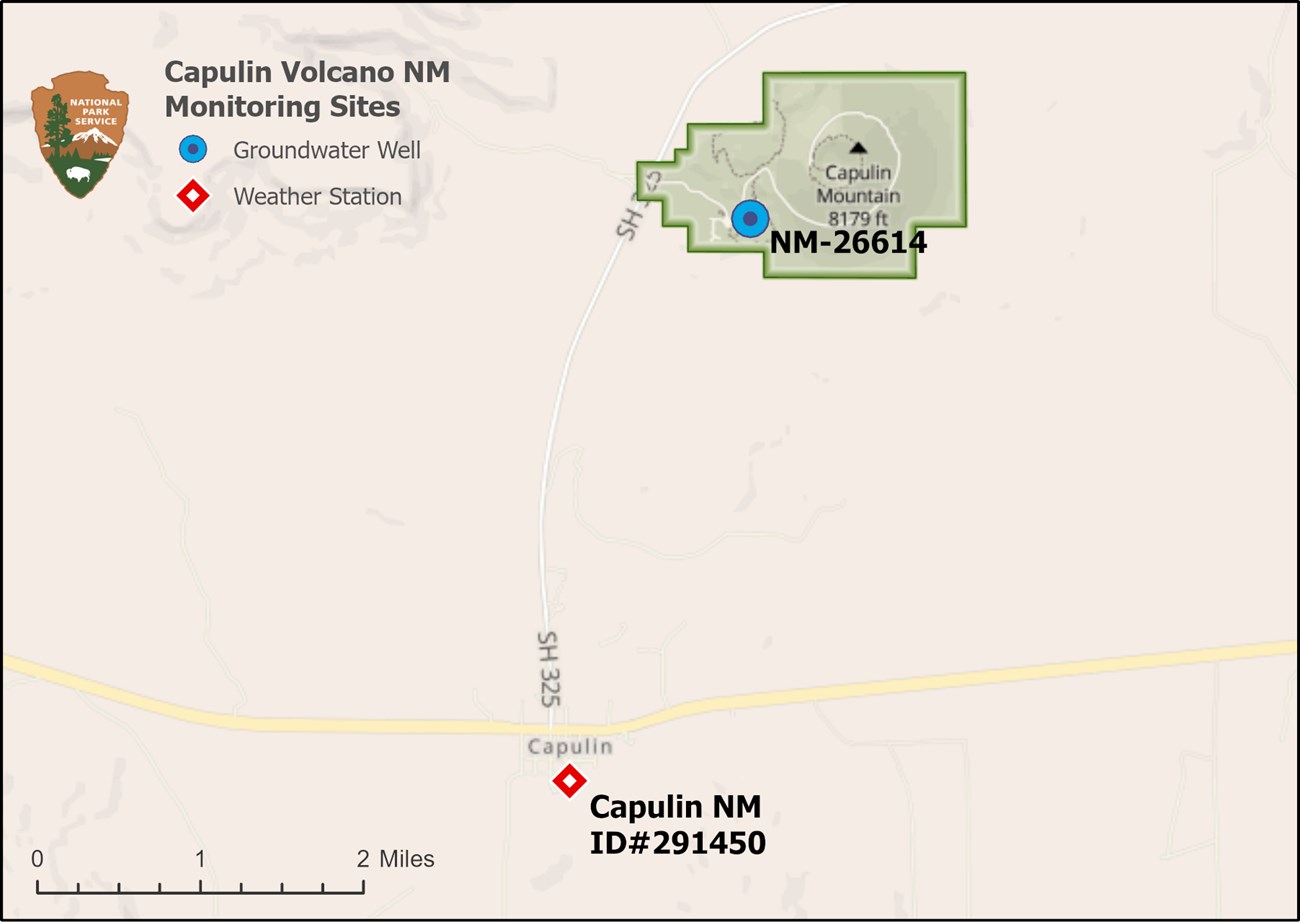 Figure 1: Map Map of well in the southwest portion of the Capulin Volcano National Monument and weather station a few miles southwest of the park