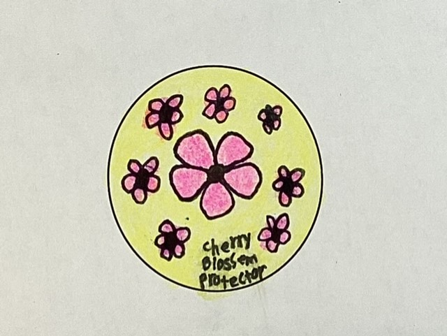 CBProtectorYellow Circular drawing of pink cherry blossoms on yellow background with handwritten text Cherry Blossom Protector