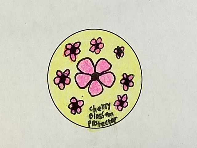 Circular drawing of pink cherry blossoms on yellow background with handwritten text Cherry Blossom Protector