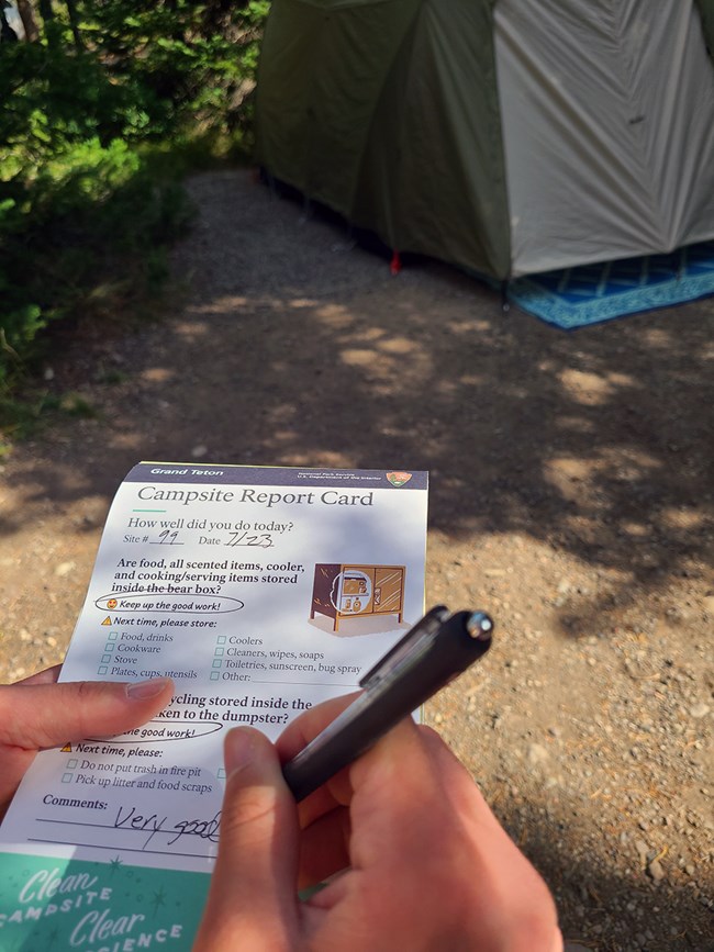 Hands holding a campsite report card and pen