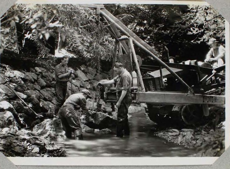 CCC crews at work building stone revetments in Redwood Creek, June 1936