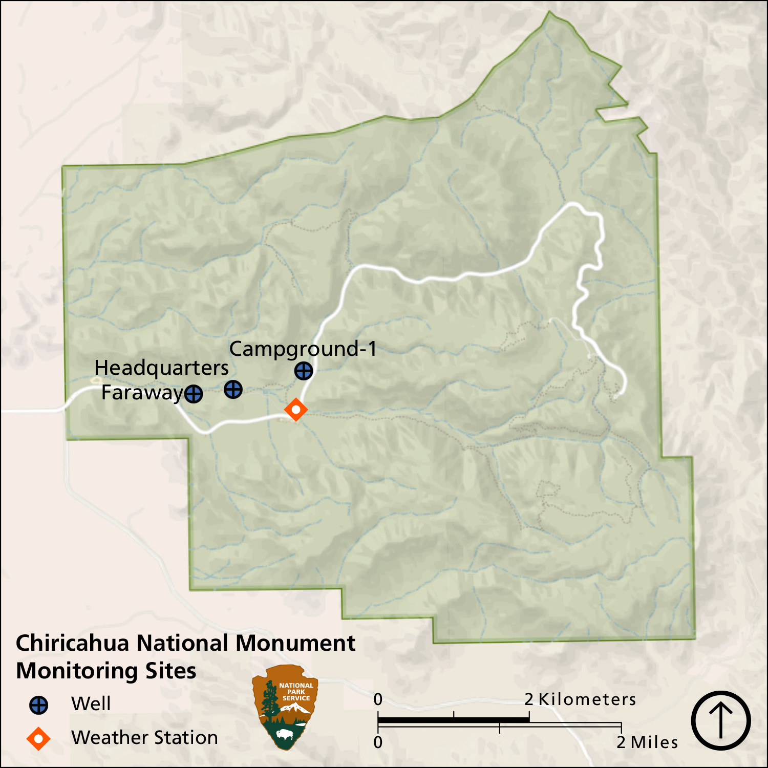 Map of Chiricahua National Monument showing the monitored weather station about 2 km inside the park from the entrance and the three groundwater monitoring wells on the west side of the park.