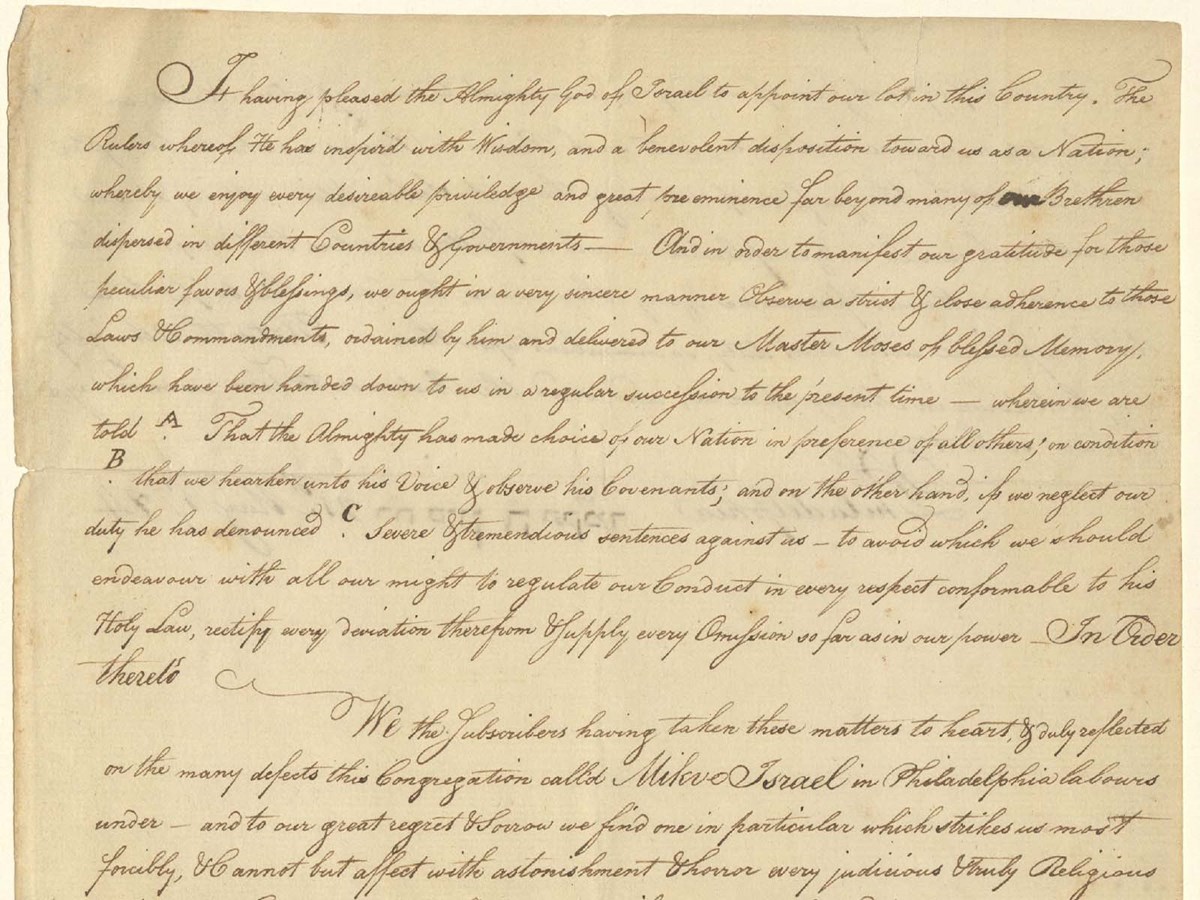 Handwritten manuscript proposing the establishment of a mikveh, a Jewish ritual bathing facility in Philadelphia
