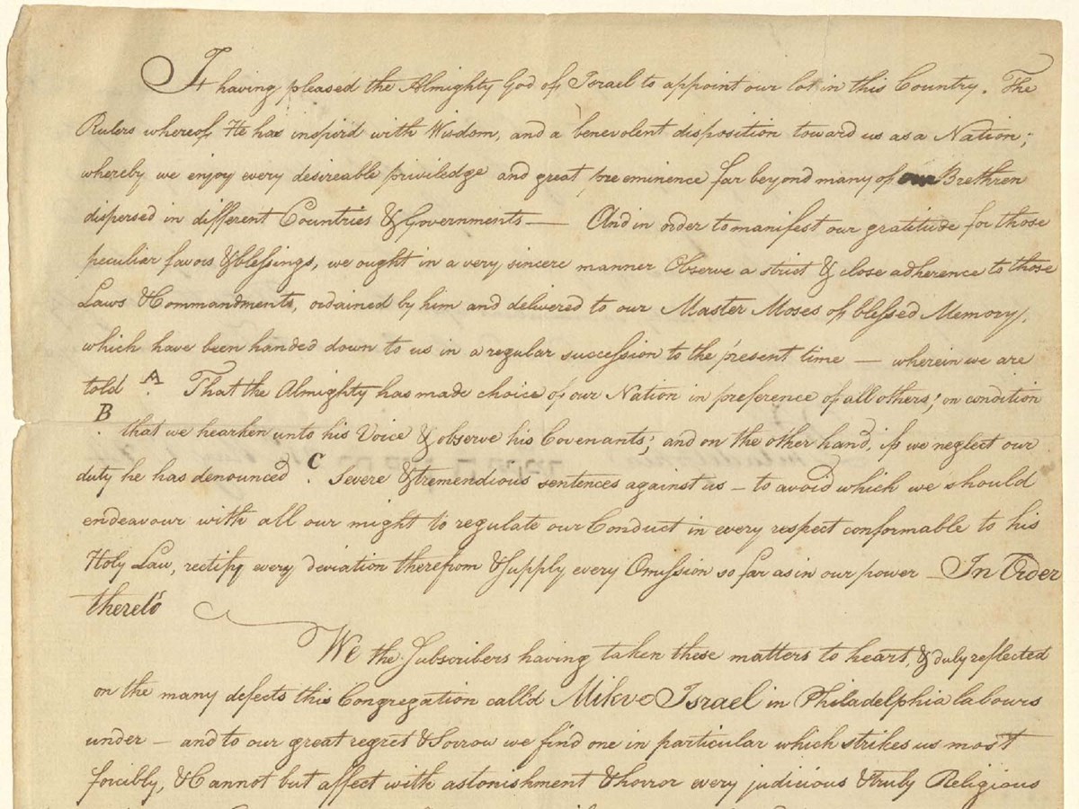 Congregation Mikveh Israel (Philadelphia), “Petition for building a mikve, a Jewish ritual bathing facility, 1784" Handwritten manuscript proposing the establishment of a mikveh, a Jewish ritual bathing facility in Philadelphia