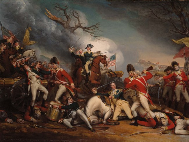 “The Death of General Mercer at the Battle of Princeton, January 3, 1777,” by John Trumbull. Courtesy Yale University Art Gallery Combat between troops. In the center, George Washington sits atop steed, rallying troops