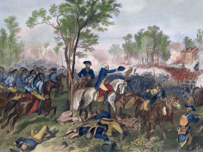 Artistic rendering of the Battle of Eutaw Springs Man in blue coat atop white horse points forward, surrounded by foot soldiers, clouds from gunfire in the background
