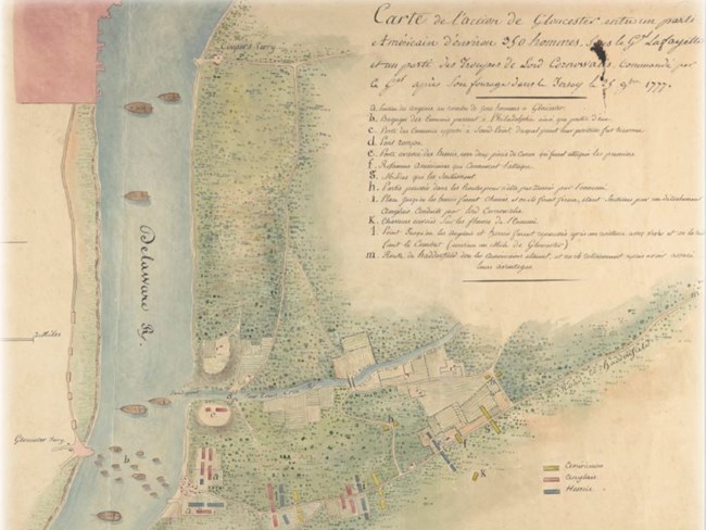 Historic map of city along river. Surrounding countryside has battle lines with troops movements, ships in Delaware River
