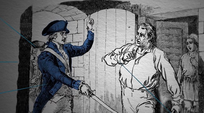 Cartoon man in tricorn hat holds saber, argues with another man. Illustrates aesthetic design of app