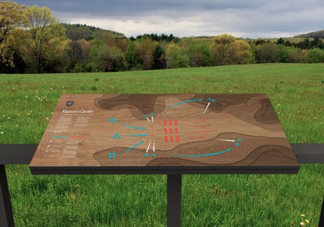 Rendering of interpretive sign, illustrating battle movements, overlooking field.