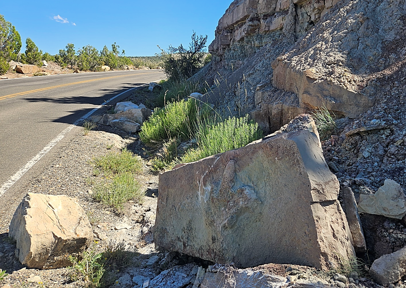 Photo of boulders at the base of a roadside bluff.