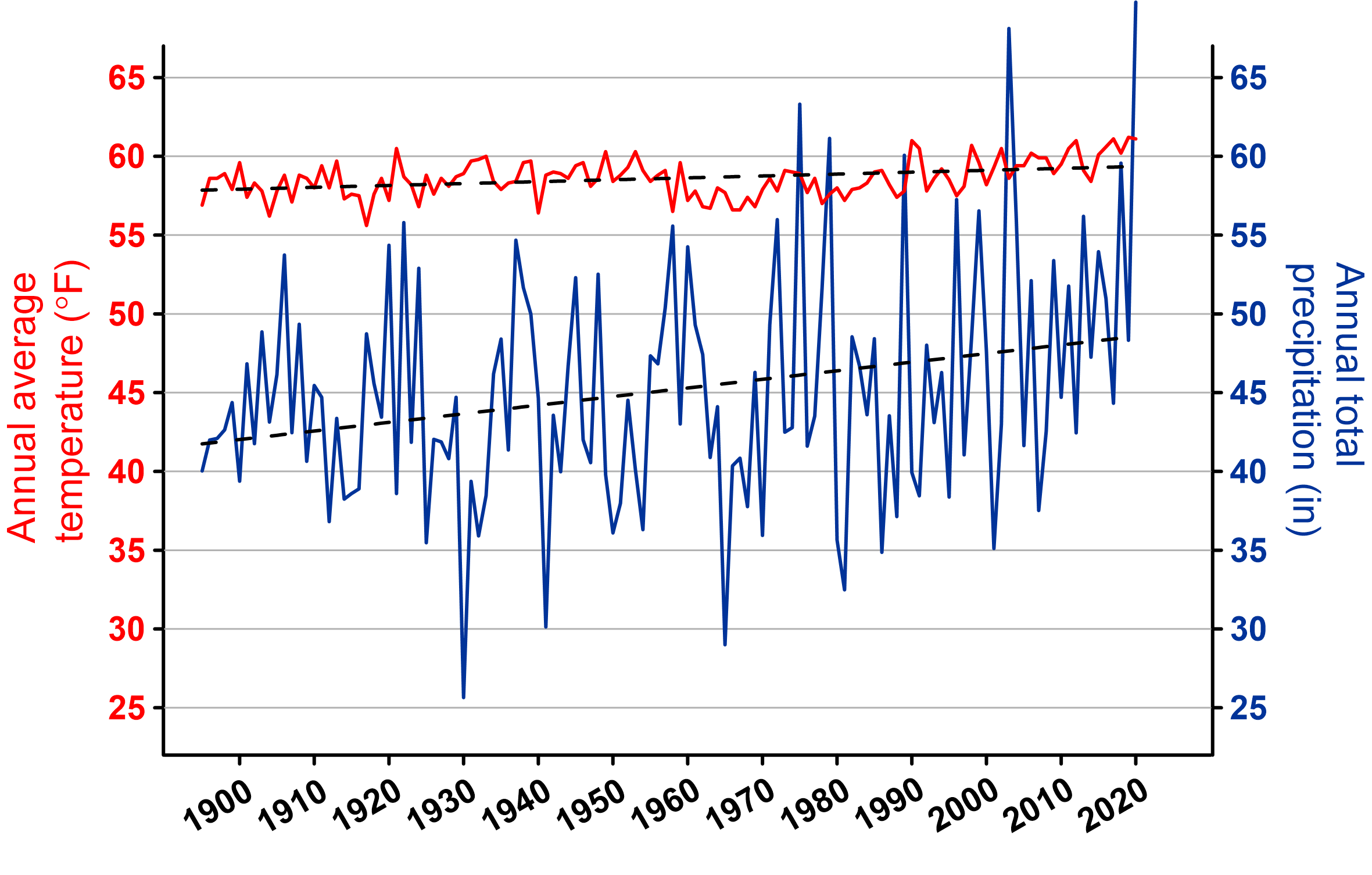 line graph on precipitation and temperature trends for COLO James City County in 2020