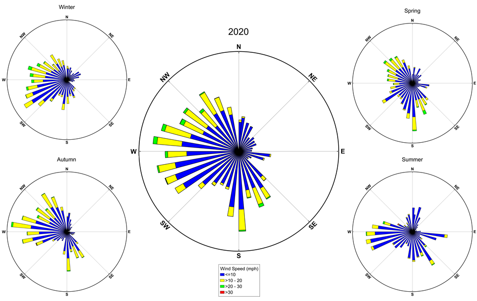 wind roses for the year and the 4 seasons showing wind speed and direction at COLO James City County in 2020
