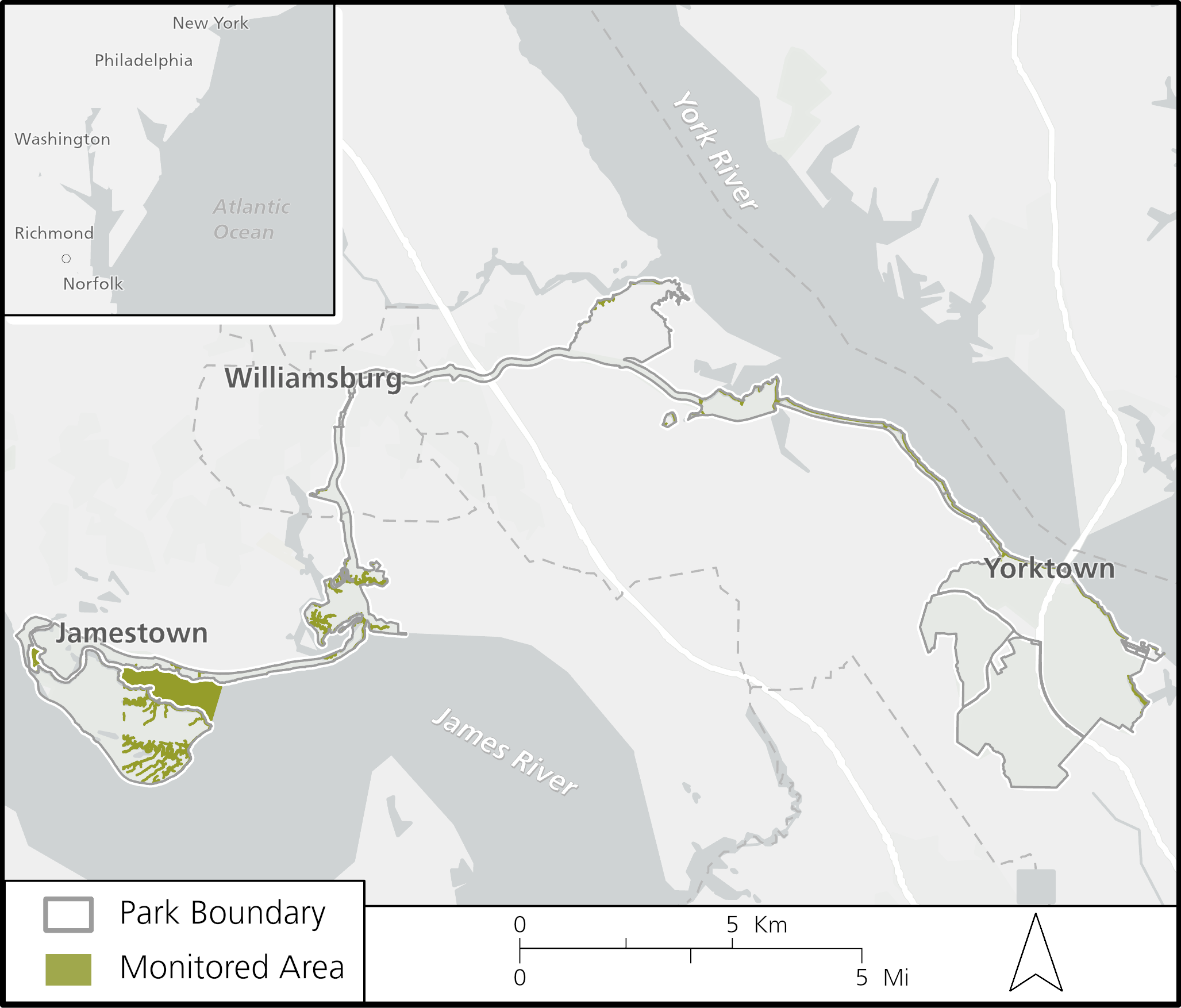Colonial NHP Fig 1: Map of the Colonial National Historic Park estuarine systems which are monitored for nutrient enrichment, and located in Jamestown, Virginia.