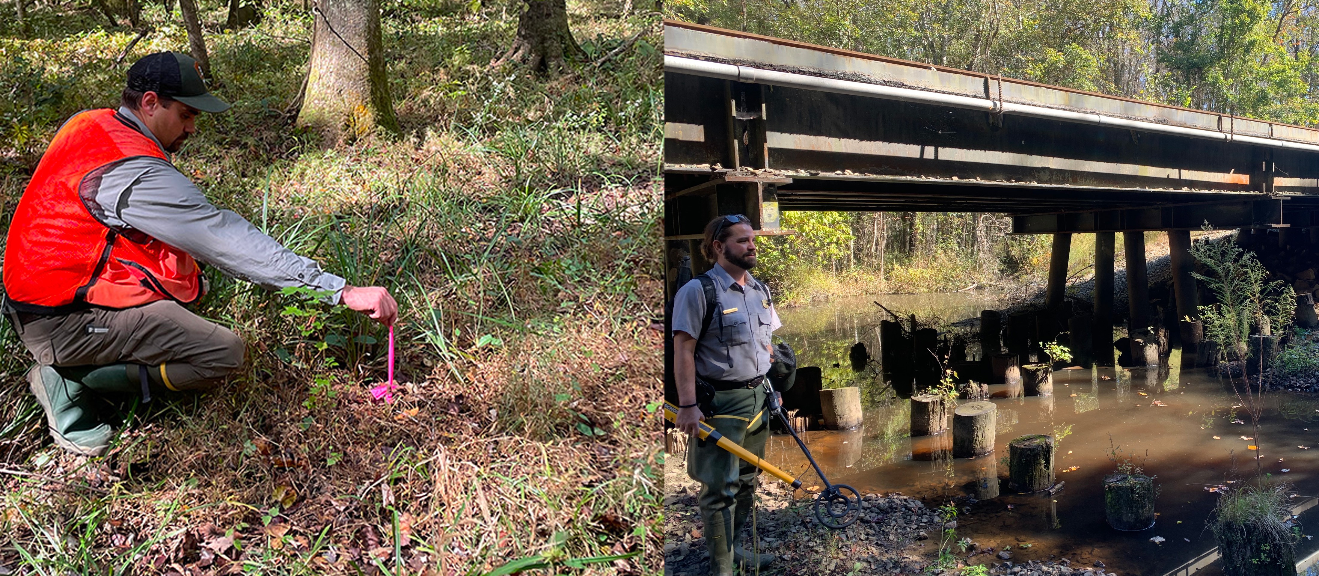 Man in orange vests kneels down on the ground. Man in uniform holding equipment standing next to creek and bridge