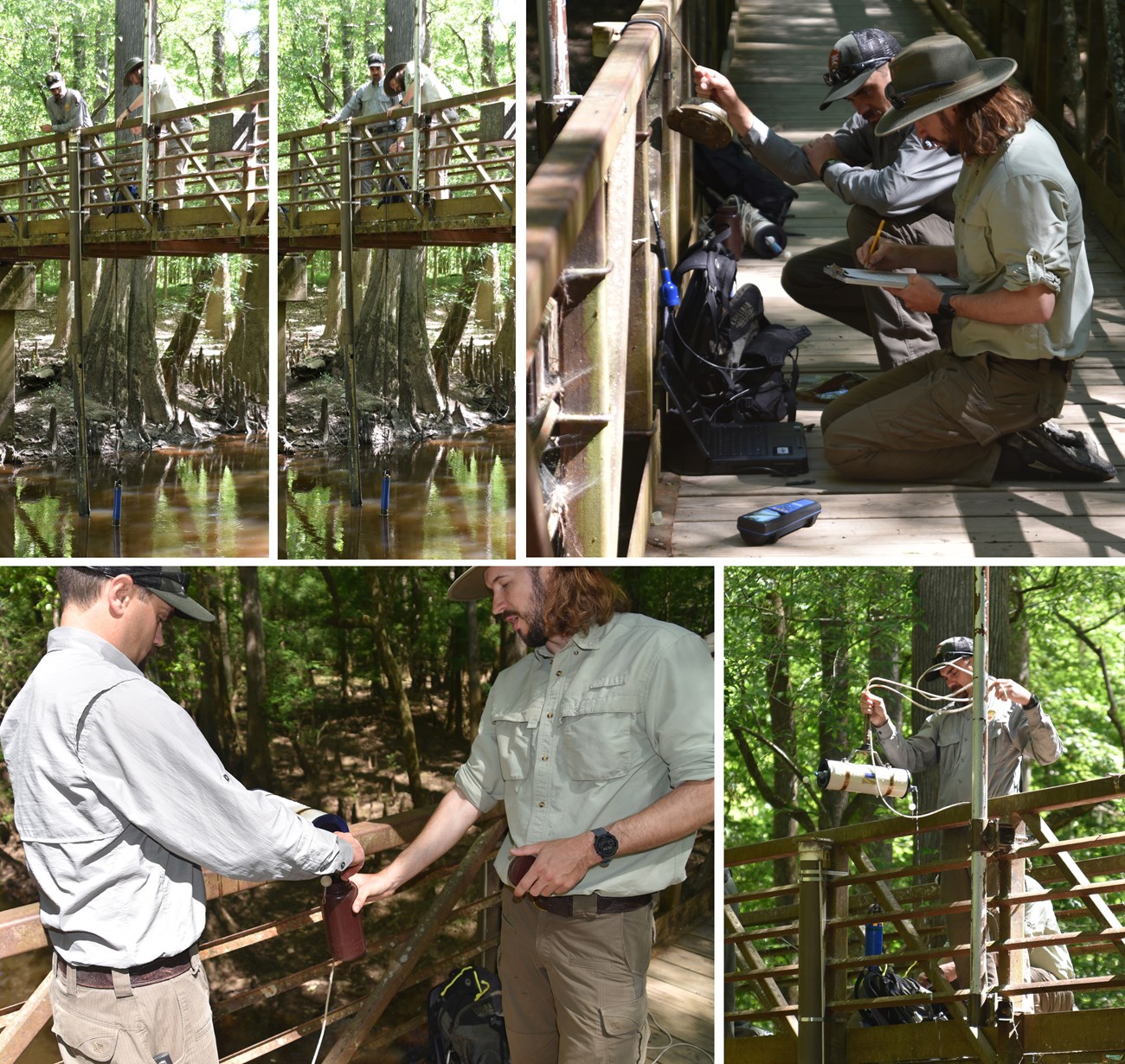 Various photos showing two men collect water samples off a bridge