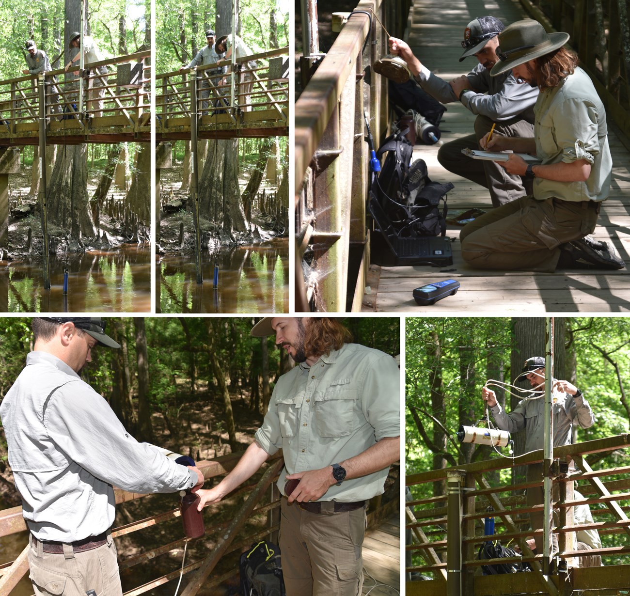 Water quality sonde retrieval at CONG Various photos showing two men collect water samples off a bridge