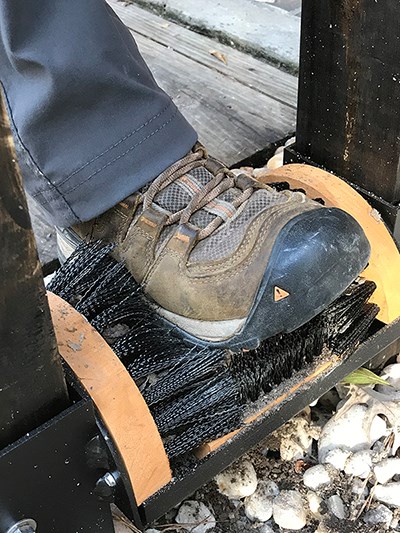 closeup of hiking boot being cleaned on a brush
