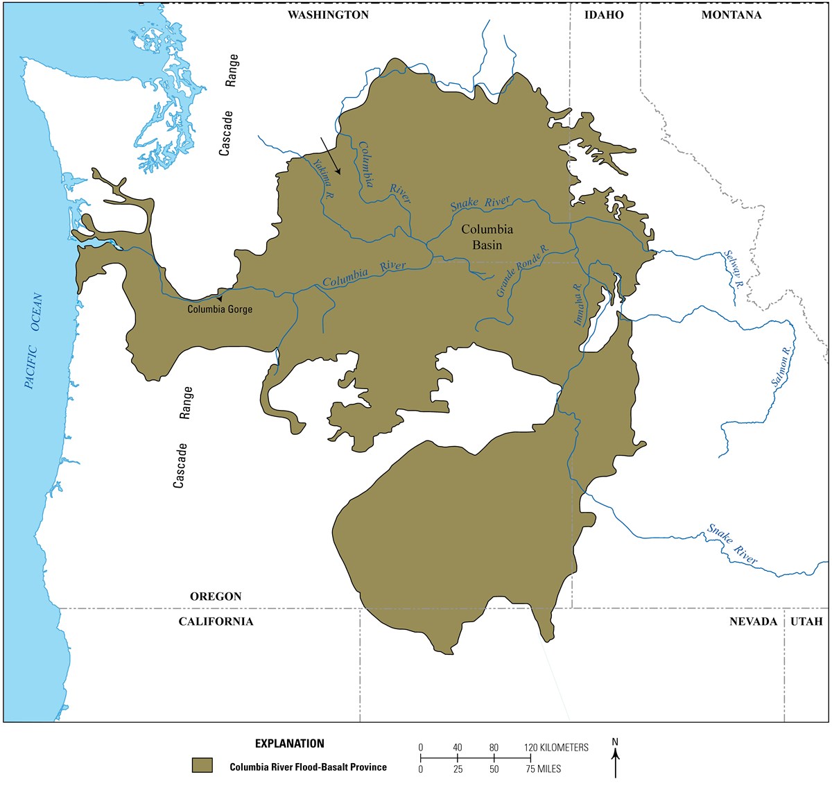 map of the US northwest showing the extent of columbia river flood basalts in Idaho, Washington, Oregon, and Nevada.