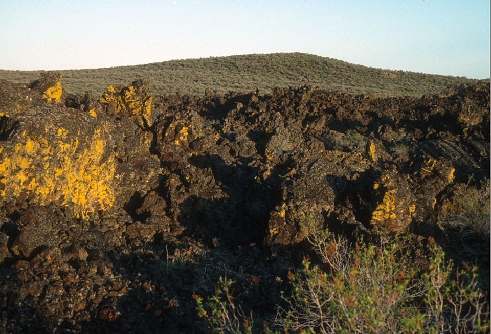 blocky barren lava with vegetated hill slope in the distance