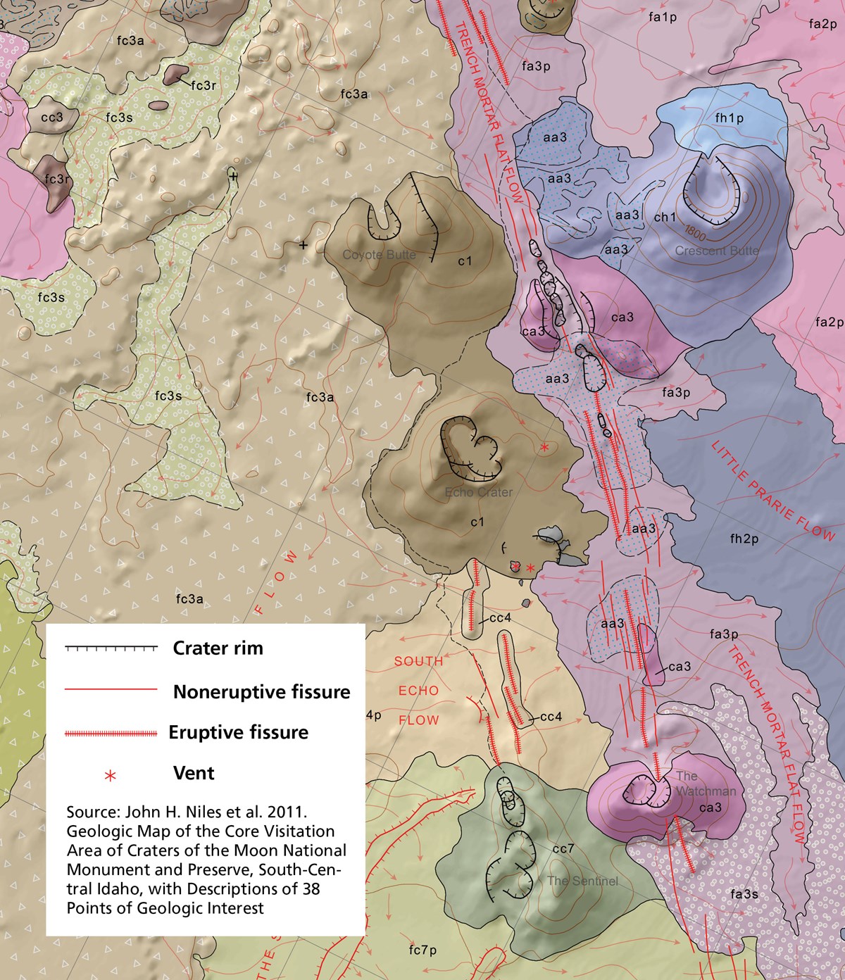 geologic map of a portion of craters of the moon national monument and preserve showing several volcanic features