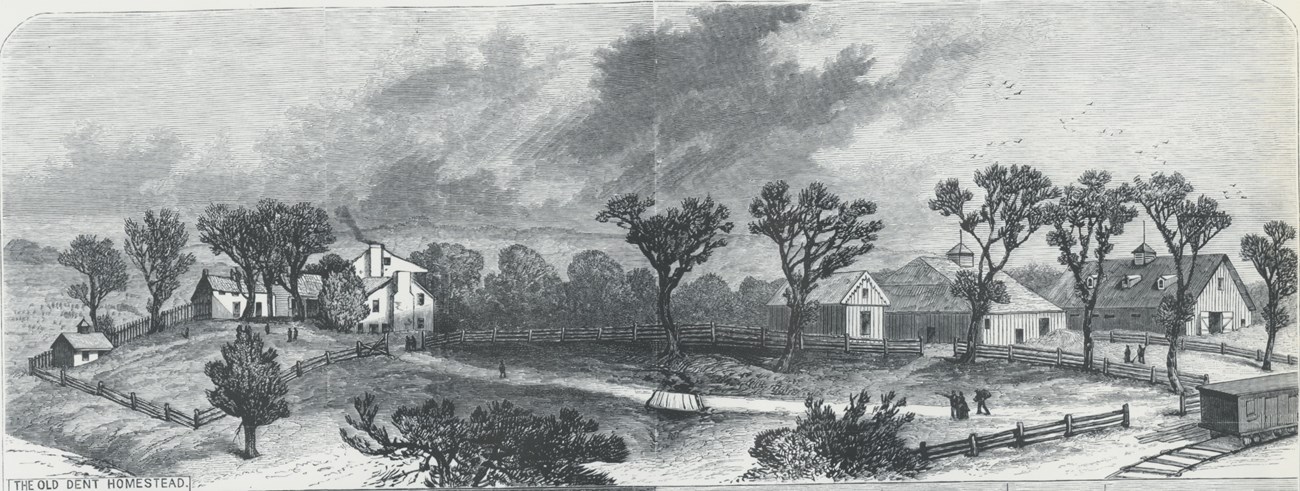 Panoramic illustration of Ulysses S. Grant's farm in St. Louis with numermous buildings and a railroad.