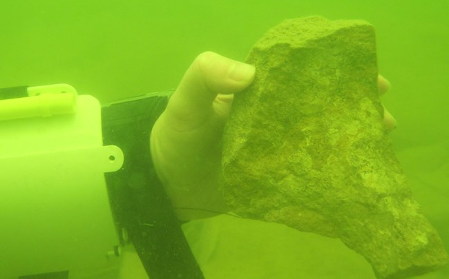 underwater, a hand holding a rock