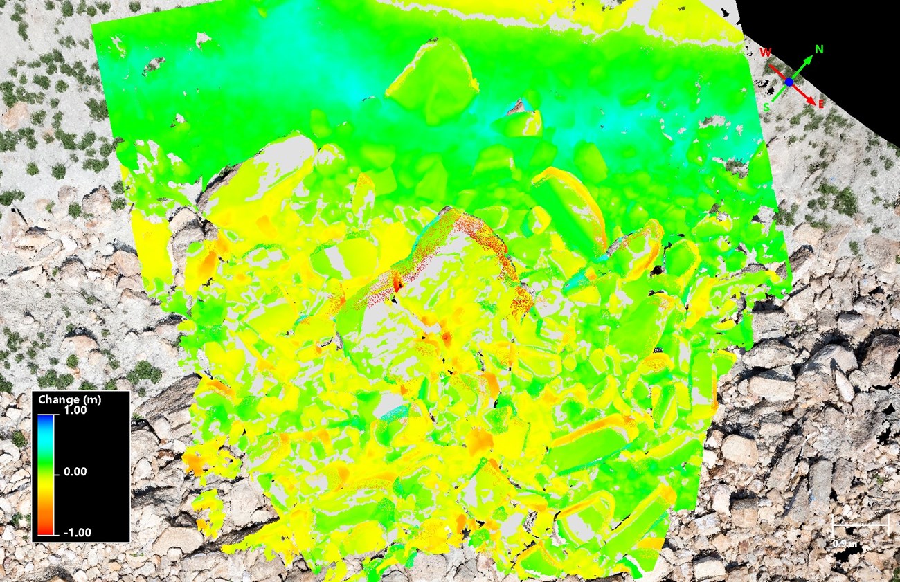 color map (mostly yellow and green). The areas of yellow to red are associated with aggradation (deposition) of material on the slope and the areas of green to blue are areas of degradation (erosion).