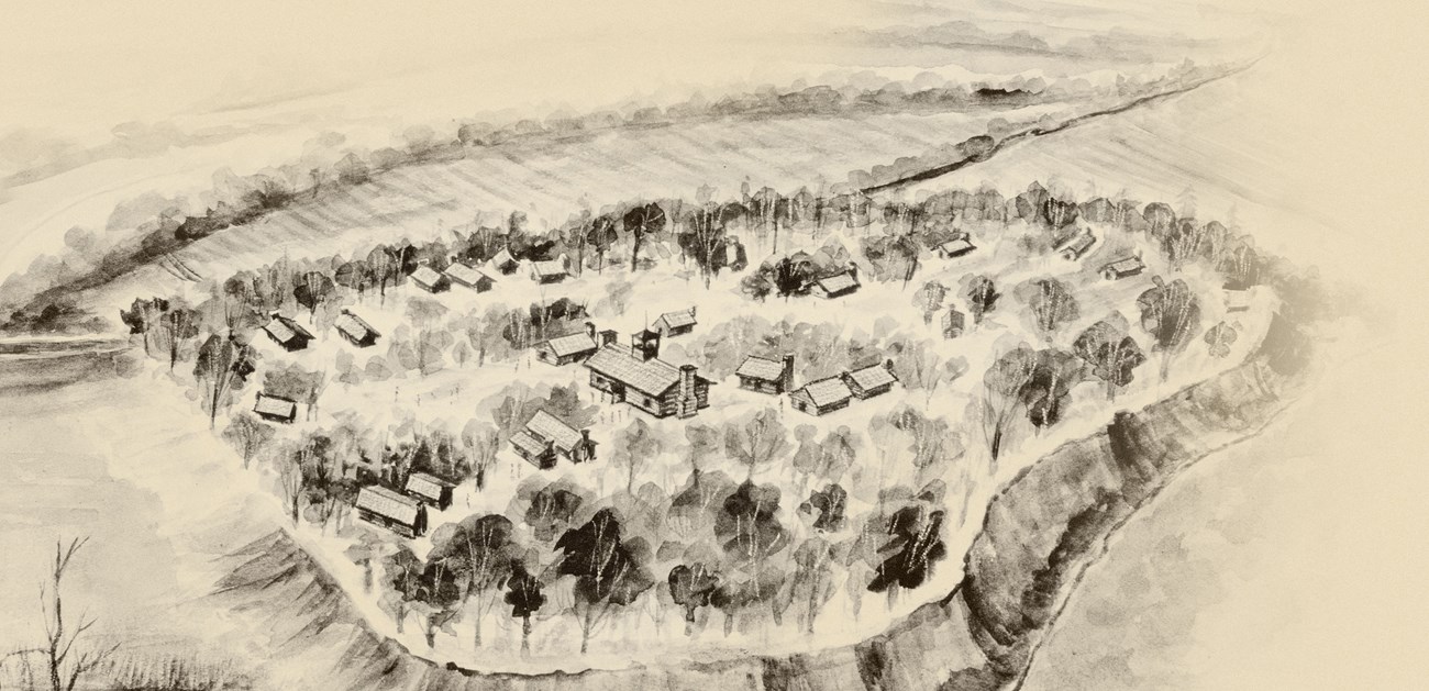 Ink drawing of a village by rivers with plowed fields, over 20 cabins and a church amid wilderness.