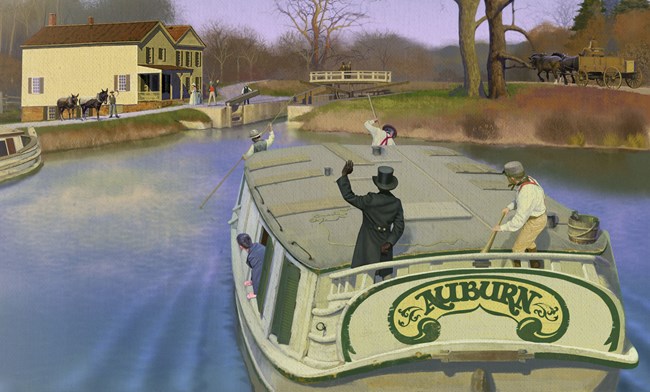Artwork shows a canal boat captian, waiving, guiding his boat into a lock.