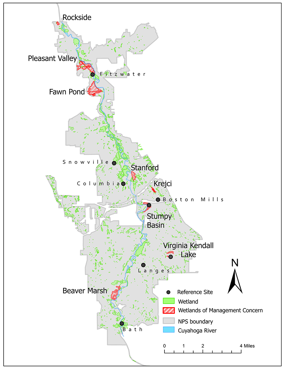 Map of the wetlands monitored in Cuyahoga Valley NP. Most wetlands are close to the Cuyahoga River that winds in a north-south direction through the park.
