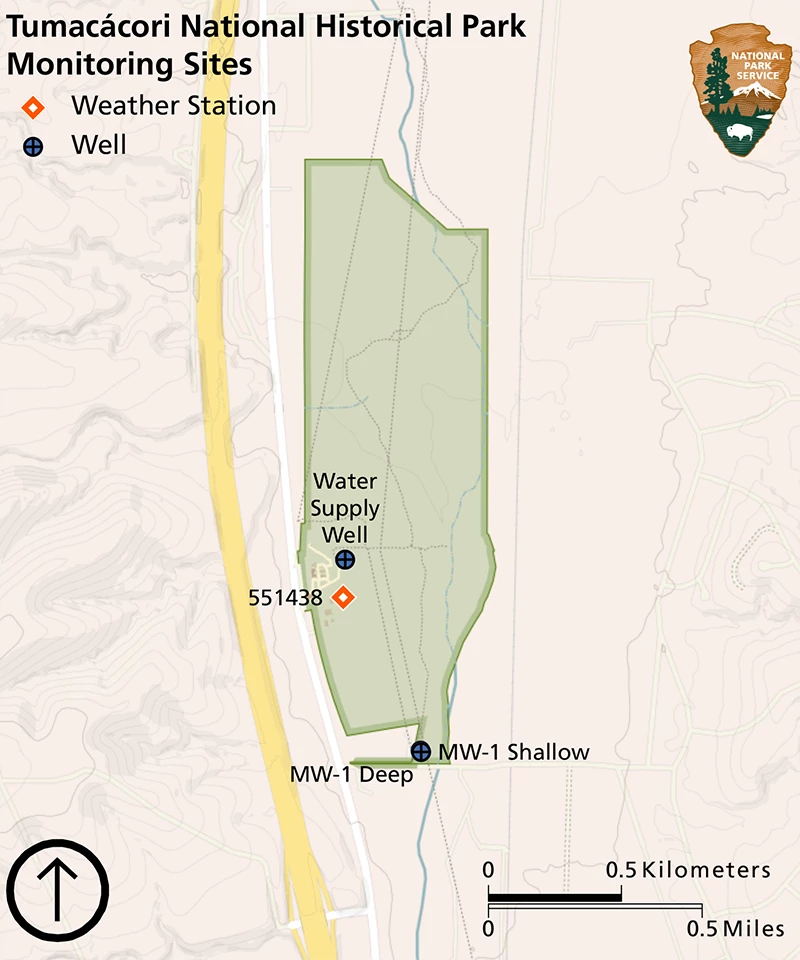 Map Map of Tumacácori National Historical Park showing location of a weather station and three groundwater monitoring wells