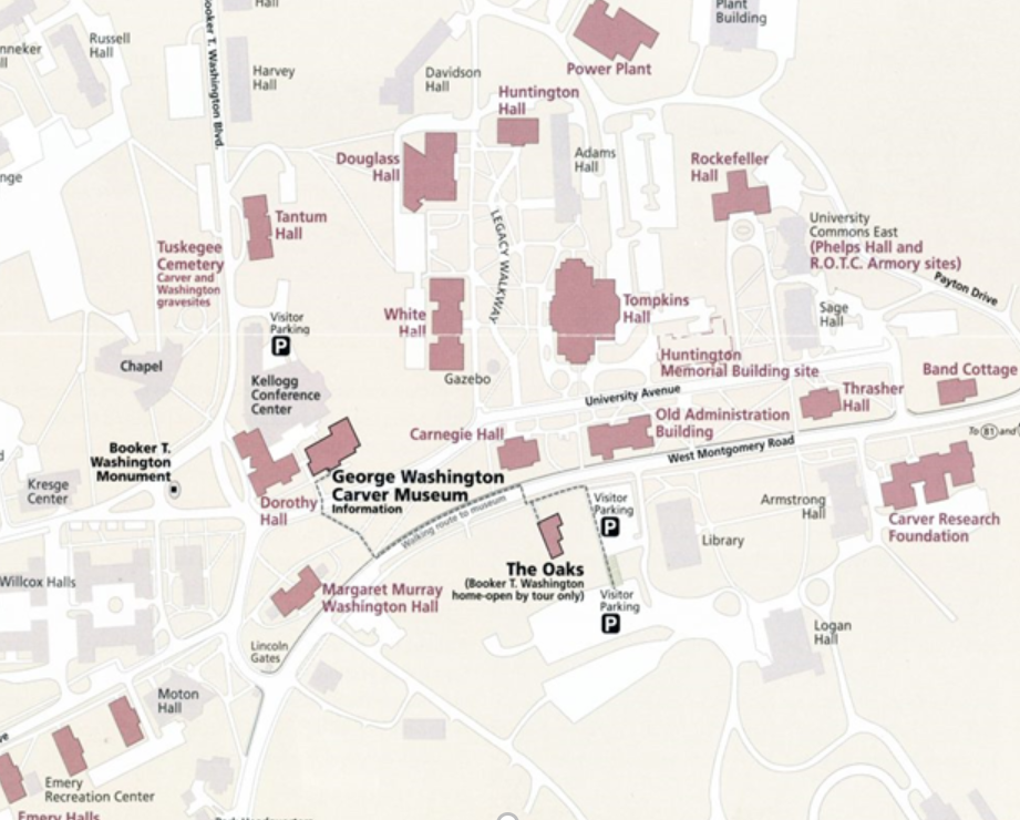 The map shows the historic district of Tuskegee Institute. Most red (highlighted) buildings were designed, or partially designed, by Robert R. Taylor. The oldest building designed by Taylor is Thrasher Science Hall (middle right on map)