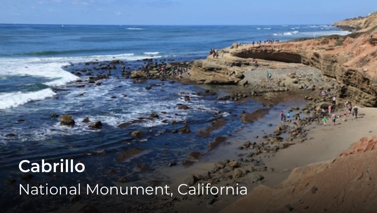 A beach shoreline. One the left, the word Cabrillo.