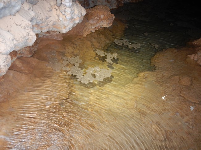 ripples on the surface of a clear underground pool with thin mineral rafts on the water surface
