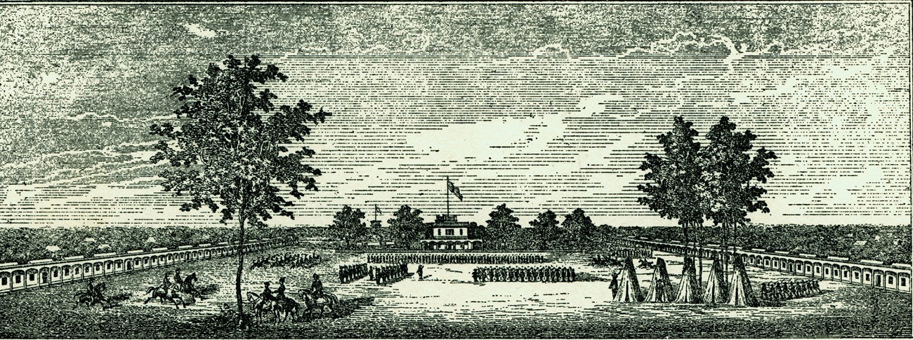 Lithograph drawing of military barracks with a large number of Civil War troops lined in formation.