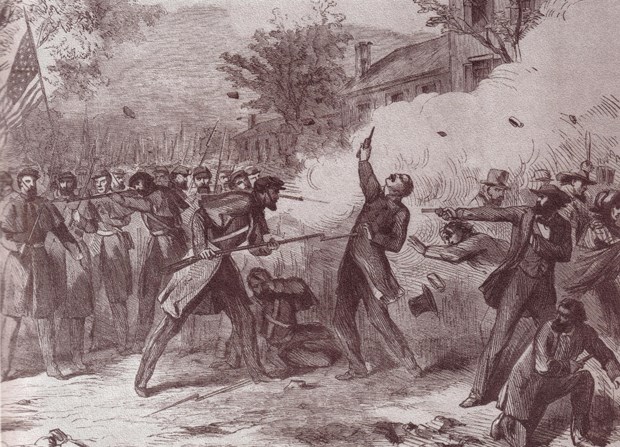 group of men firing guns and bayonets at each other with smoke in the background.