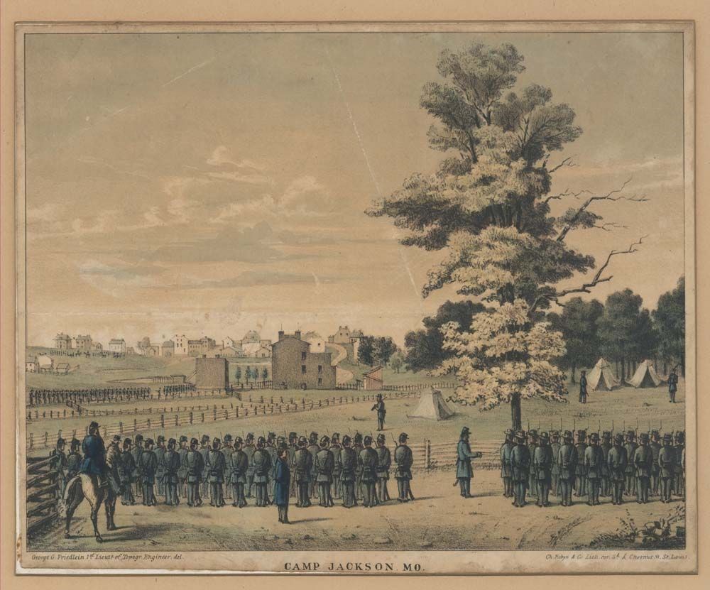 Camp Jackson Illustration - Missouri Historical Society Group of soldiers standing in formation with a large tree and buildings in the background. Text reads "Camp Jackson MO."