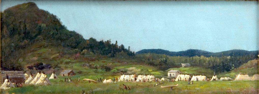 Historic painting of birch lodges and some people at the foot of a small mountain.
