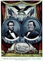 A campaign poster from the election of 1864 set against a red stage curtain. An eagle and flags appear above images of the candidates.