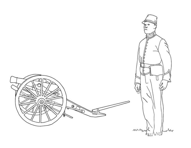 Line drawing of a cannon and civil war soldier