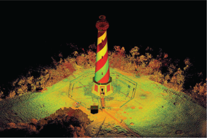 Cape Hatteras Lighthouse Point Cloud Color image of a point cloud showing a landscape with various paths, trees and a lighthouse with a painted with a spiral stripe. The lantern on top of the lighthouse is incomplete as it is missing laser scan data.