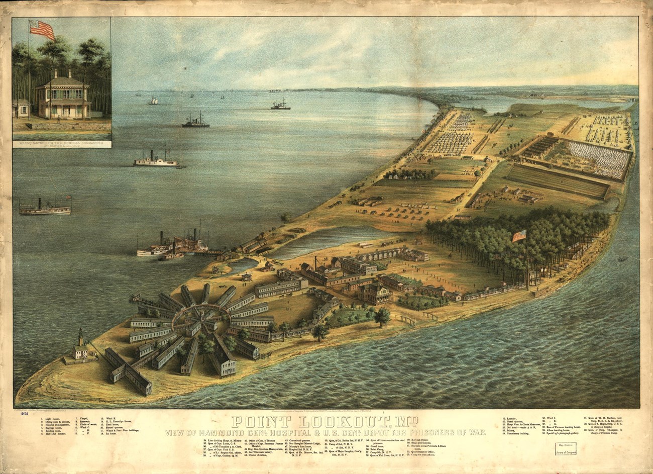 Cape Lookout Prisoner of War Camp-1864 Drawing A yellowing print of a peninsula surrounded by water. There are several white steamboats on the water approaching the peninsula. On the point of the peninsula, is a series of grey buildings arranged in a circle with them pointing inwards.