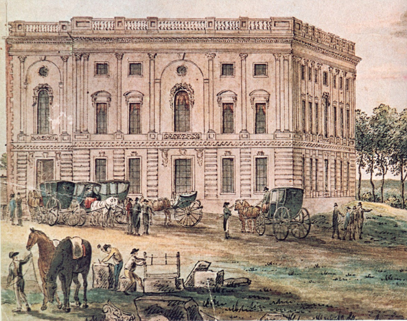 Illustration of people outside of square government building